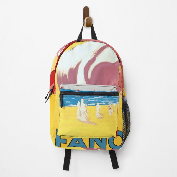 Item preview, Vintage Fano Travel Poster | Art Deco Beach Scene | Italy Seaside Resort | Retro Wall Decor | Red Bathing Suit & Sailboats designed and sold by artofuniverse.