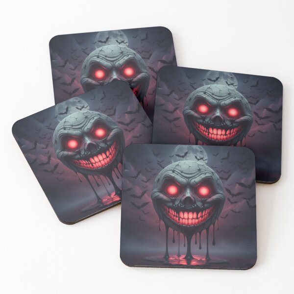 Item preview, Creepy smiley face dripping black goo, glowing red eyes, and bats flying in the background designed and sold by 3K.clare.