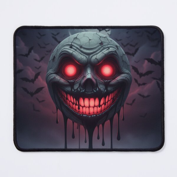 Item preview, Creepy smiley face dripping black goo, glowing red eyes, and bats flying in the background designed and sold by 3K.clare.