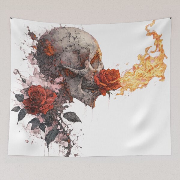 Item preview, Flaming Skull With Roses designed and sold by MKFashionLab.