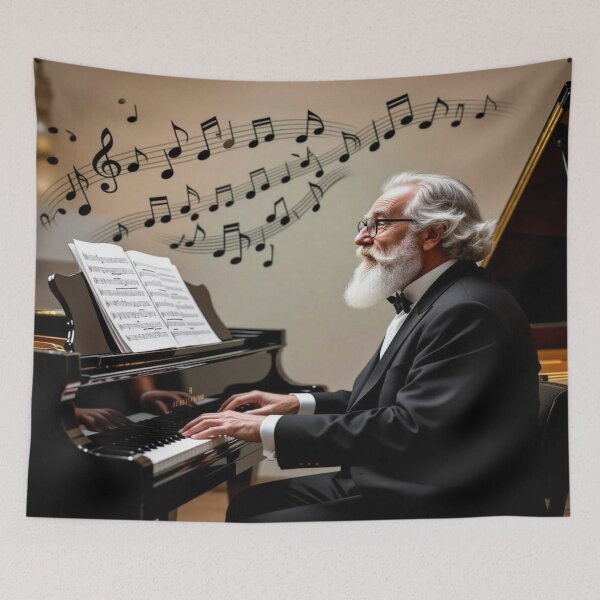 Item preview, Elegant pianist with white hair – musical depth & floating notes in poetic atmosphere designed and sold by FotoworldEdel.