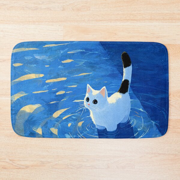 Item preview, White Cat with Black Swimming in Blue Water designed and sold by Cat-Wave-Dream.