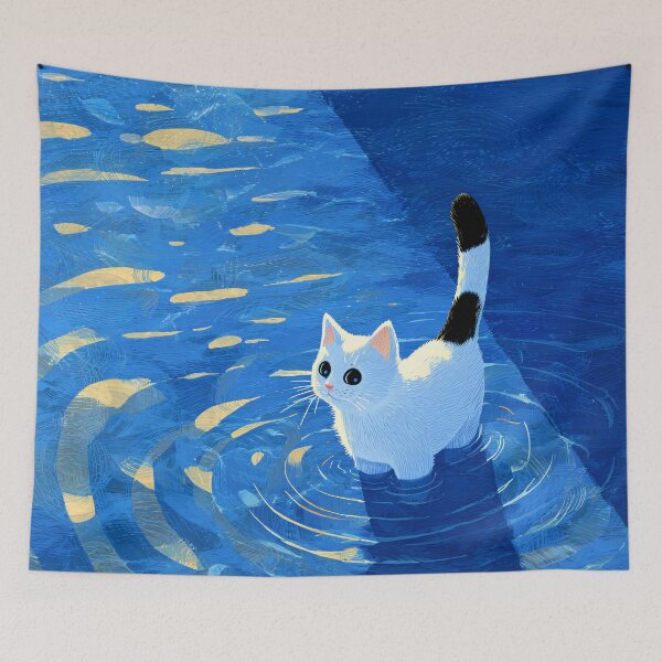 Item preview, White Cat with Black Swimming in Blue Water designed and sold by Cat-Wave-Dream.