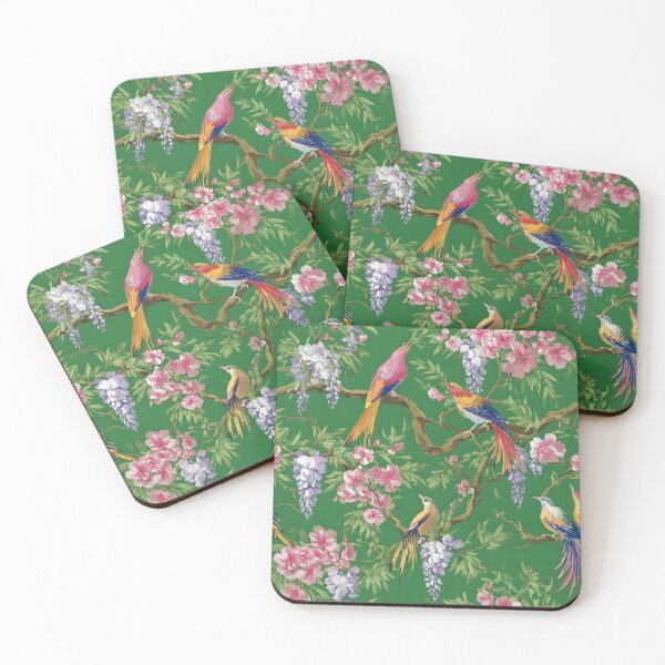Artikelvorschau, Chinoiserie Paradiesvögel und Blumen auf Smaragdgrün entworfen und verkauft von SophieClimaArt.