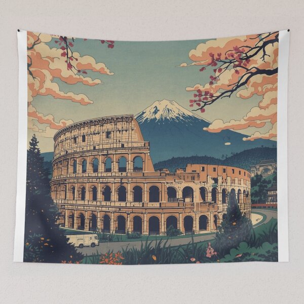 Item preview, Roman Colosseum Ukiyo-e Style - Mount Fuji Japanese Woodblock Print Art designed and sold by Vandy Fullam.