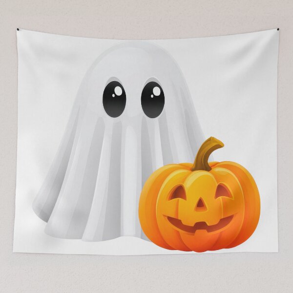 Item preview, Cute Halloween Ghost with Pumpkin | Adorable Spooky Season Illustration designed and sold by VilnaArtPrints.