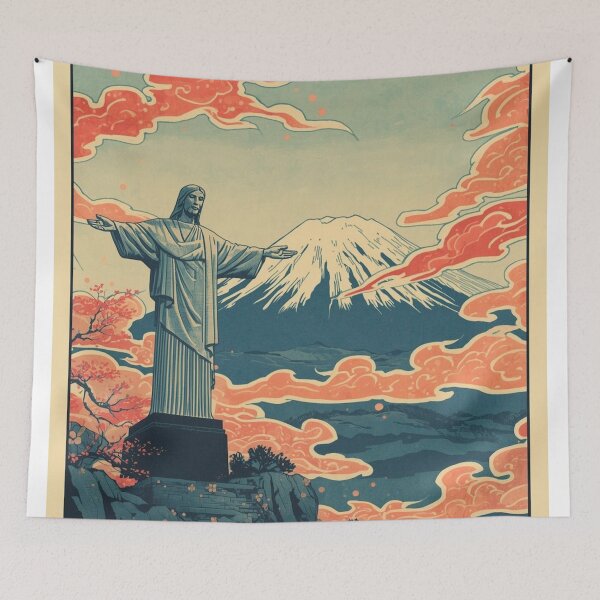 Item preview, Christ the Redeemer Ukiyo-e Style - Mount Fuji Japanese Woodblock Print Art designed and sold by Vandy Fullam.