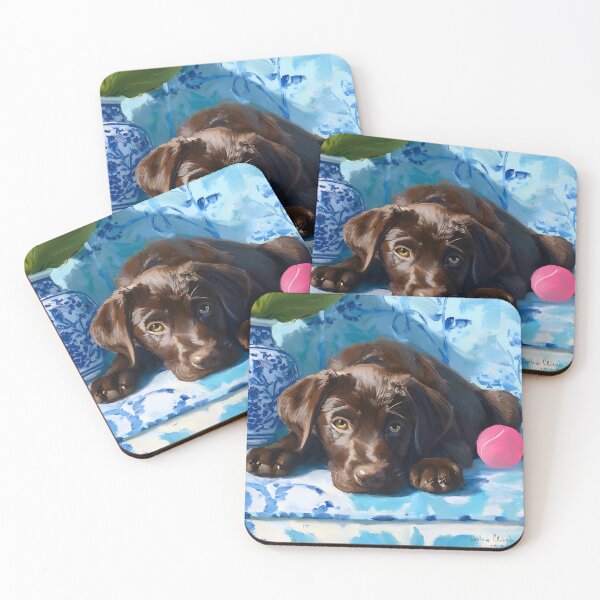 Item preview, Chocolate Labrador puppy waiting to play fetch designed and sold by SophieClimaArt.