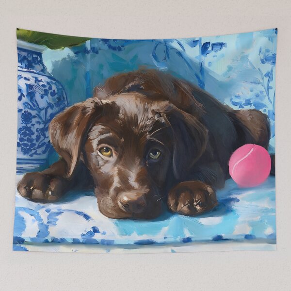 Item preview, Chocolate Labrador puppy waiting to play fetch designed and sold by SophieClimaArt.