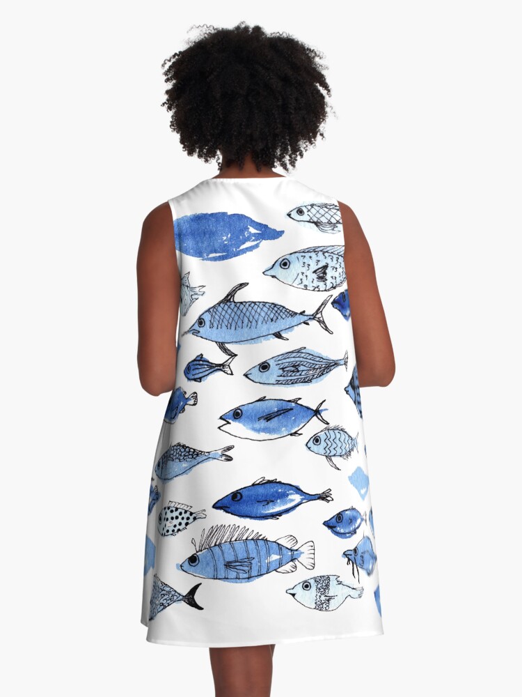 Thumbnail 3 of 4, A-Line Dress, Blue fishes designed and sold by idriera.