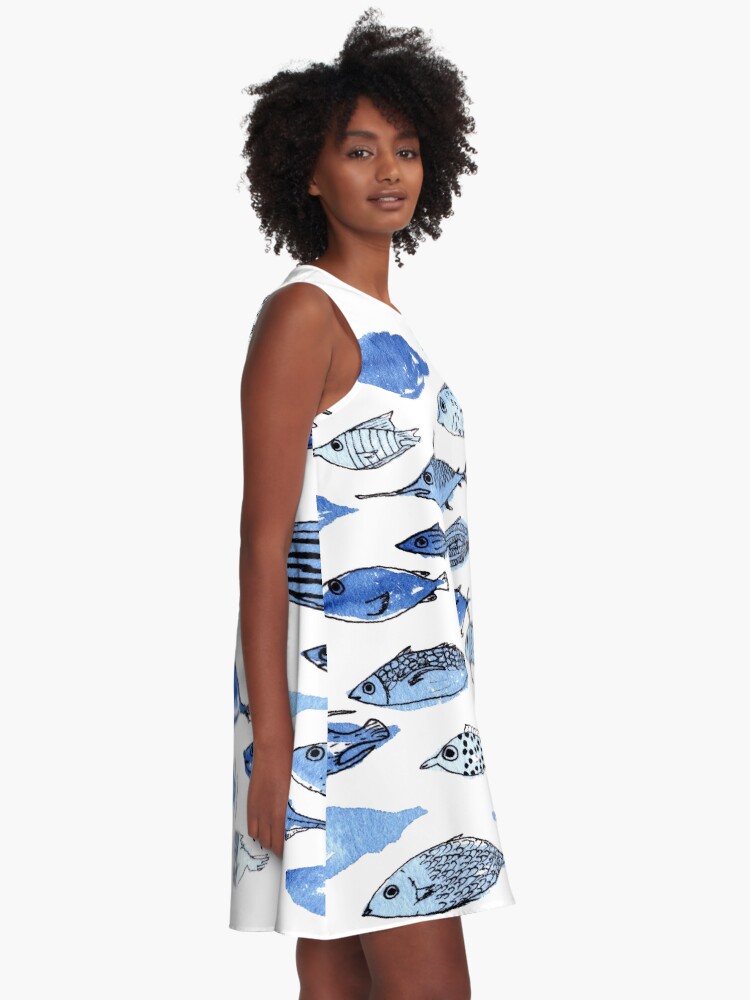Thumbnail 2 of 4, A-Line Dress, Blue fishes designed and sold by idriera.