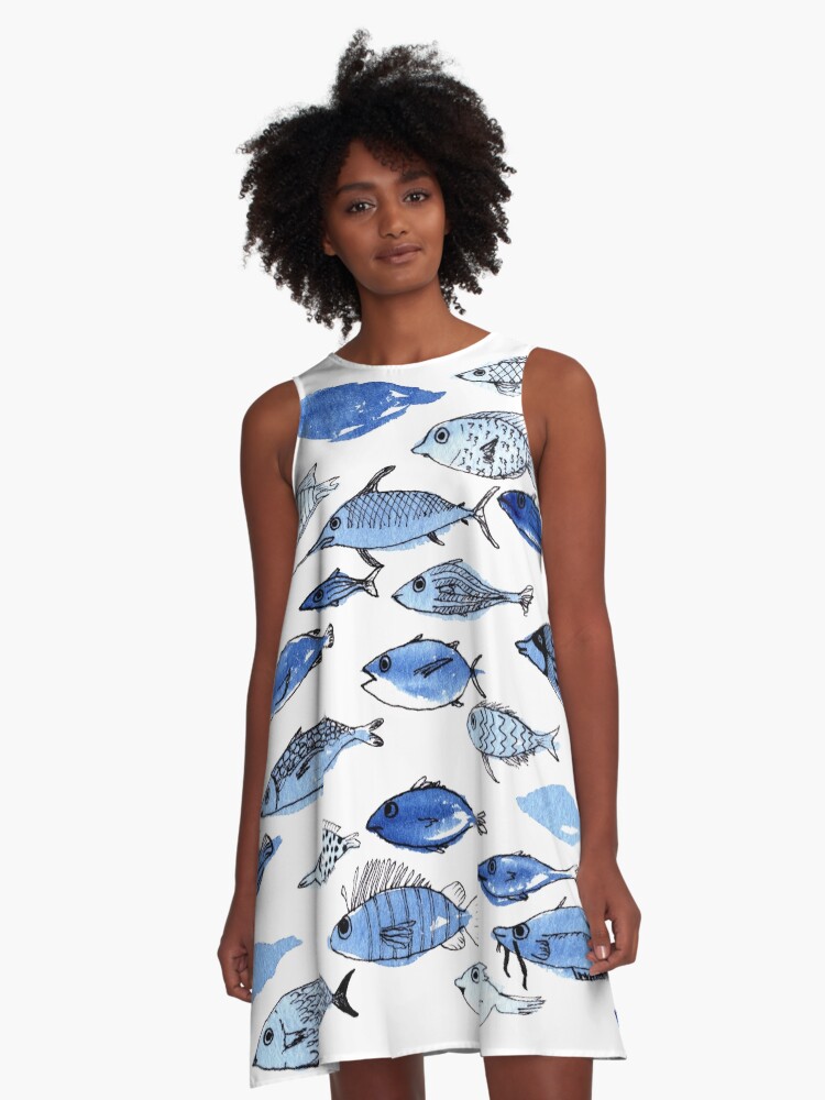 Thumbnail 1 of 4, A-Line Dress, Blue fishes designed and sold by idriera.