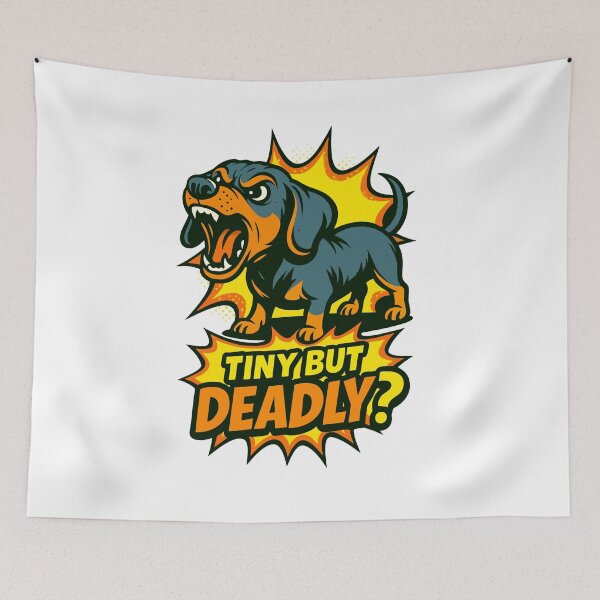Item preview, Dachshund growling “Tiny But Deadly” in explosive comic frame designed and sold by Tong4130.