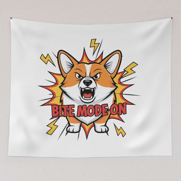 Item preview, Corgi shouting “Bite Mode On” with comic zap effect designed and sold by Tong4130.