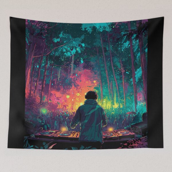 Item preview, DJ in the neon forest – Psytrance festival illustration designed and sold by Meiersbeste.
