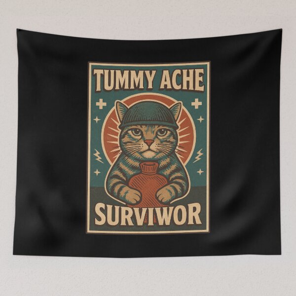 Item preview, Tummy Ache Cat Survivor Meme with Hot Water Bottle Retro Vintage Aesthetic designed and sold by Bongocomic.