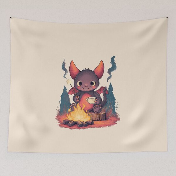 Item preview, Little Dragon with Marshmallow – Dark Cute Campfire Illustration designed and sold by Meiersbeste.