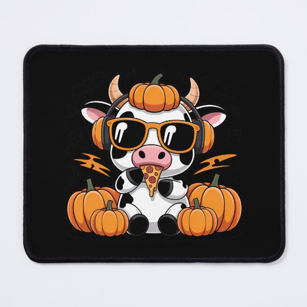 Item preview, Cute Pumpkin Cow Listening to Music and Eating Pizza – Funny Halloween Cow Cartoon Design designed and sold by ColorSplash123.