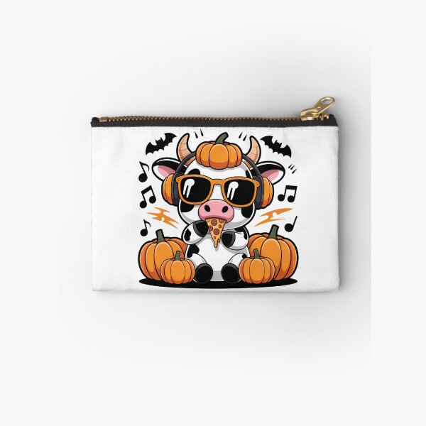 Item preview, Cute Pumpkin Cow Listening to Music and Eating Pizza – Funny Halloween Cow Cartoon Design designed and sold by ColorSplash123.