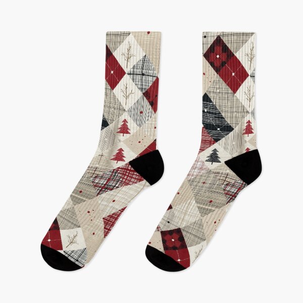 Artikelvorschau, Weihnachts-Patchworkmuster – Nordisches Karomuster mit festlichen Bäumen, gemütliches Feiertagsdesign in Rot und Beige entworfen und verkauft von DariaProf.