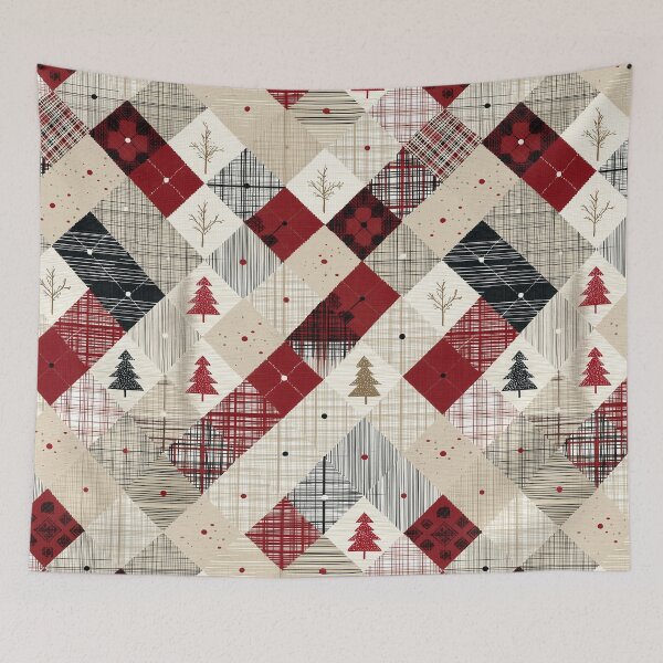 Artikelvorschau, Weihnachts-Patchworkmuster – Nordisches Karomuster mit festlichen Bäumen, gemütliches Feiertagsdesign in Rot und Beige entworfen und verkauft von DariaProf.