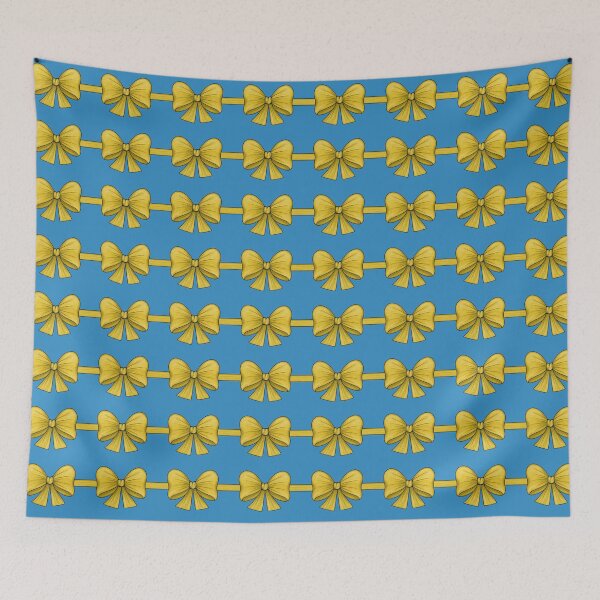 Item preview, Many yellow bows on ribbons on a light blue background designed and sold by Cherevan.