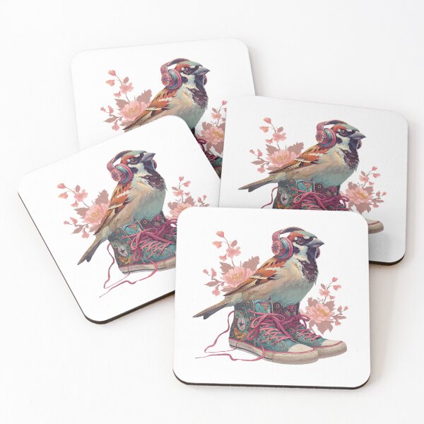Item preview, Stylish Sparrow with Headphones and Floral Sneakers designed and sold by Anastasiia Yurevych.