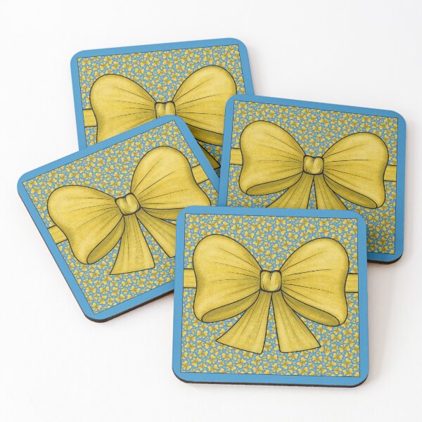 Item preview, Yellow bow with a ribbon on a pattern background of yellow bows on a light blue background designed and sold by Cherevan.