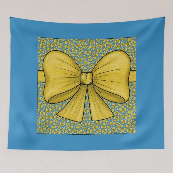 Item preview, Yellow bow with a ribbon on a pattern background of yellow bows on a light blue background designed and sold by Cherevan.