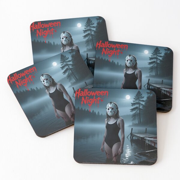 Item preview, A girl in a bathing suit, a Halloween horror movie, and Jason's hockey mask from Friday the 13th. designed and sold by Kilakila.