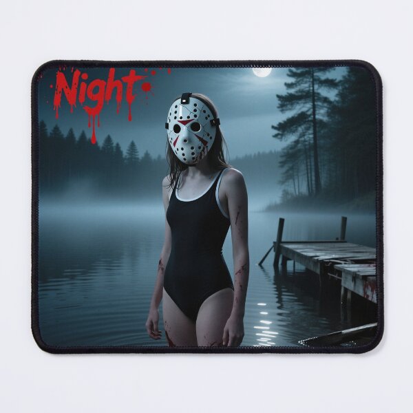 Item preview, A girl in a bathing suit, a Halloween horror movie, and Jason's hockey mask from Friday the 13th. designed and sold by Kilakila.