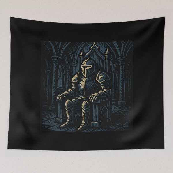 Item preview, Castlecore – Armored Knight on the Throne – Woodcut Illustration • Vintage Print Aesthetic designed and sold by JacobKAurumhead.
