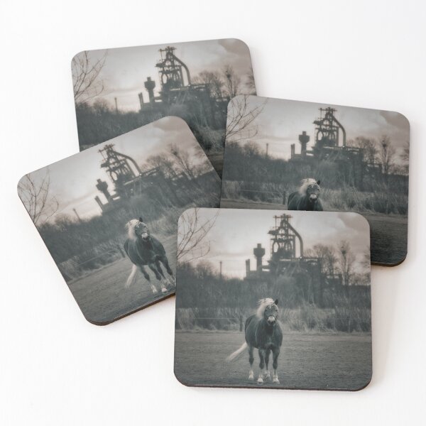Item preview, Horse in the pasture, in the background a blast furnace Blak and White designed and sold by Ruhrpottpicture.