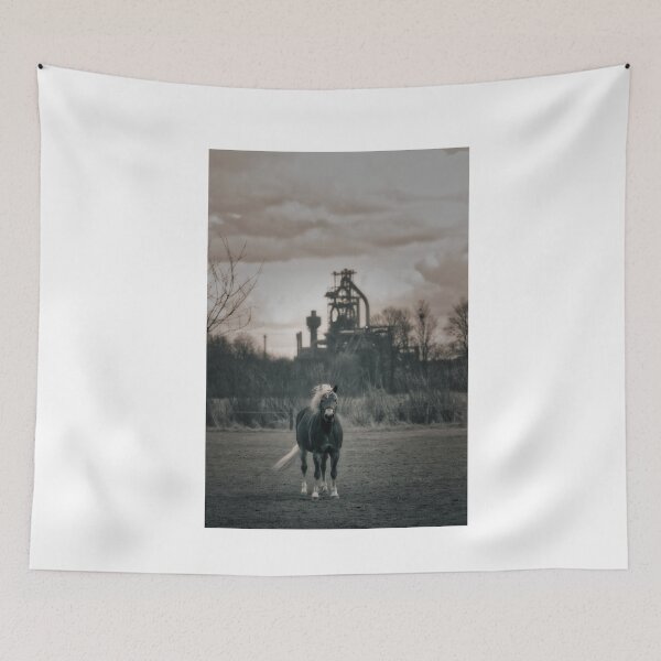 Item preview, Horse in the pasture, in the background a blast furnace Blak and White designed and sold by Ruhrpottpicture.