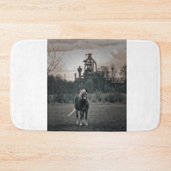 Item preview, Horse in the pasture, in the background a blast furnace Blak and White designed and sold by Ruhrpottpicture.