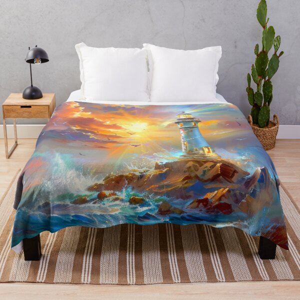 Item preview, Watercolor Lighthouse at Sunset by the Stormy Ocean – Pastel Cliffside Seascape Art designed and sold by MargaretWiktor.