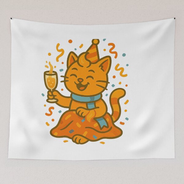 Aperçu de l'œuvre Funny orange cat at holiday party – cute New Year cartoon illustration créée et vendue par MeowLaugh.