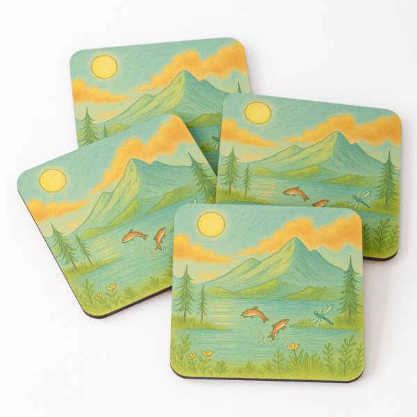 Item preview, Mountain Lake Morning – Nature Scene with Leaping Fish designed and sold by StudioTZ.