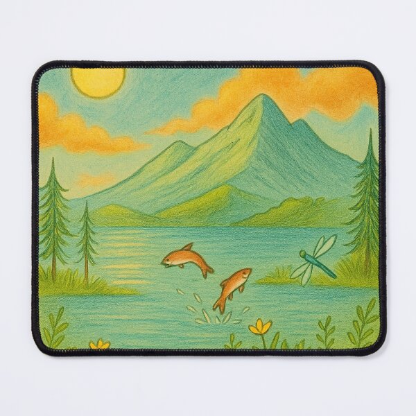 Item preview, Mountain Lake Morning – Nature Scene with Leaping Fish designed and sold by StudioTZ.