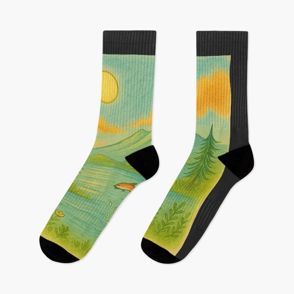 Item preview, Mountain Lake Morning – Nature Scene with Leaping Fish designed and sold by StudioTZ.