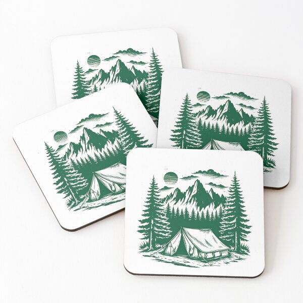 Item preview, Vintage Camping Tent in Forest with Mountain Backdrop designed and sold by CivilOrangeDesigns.