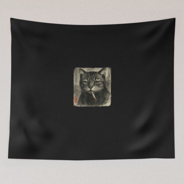 Item preview, Funny Sad Cat Smoking Cigarette Meme Lover Sumi-E Japanese designed and sold by cawtoon.