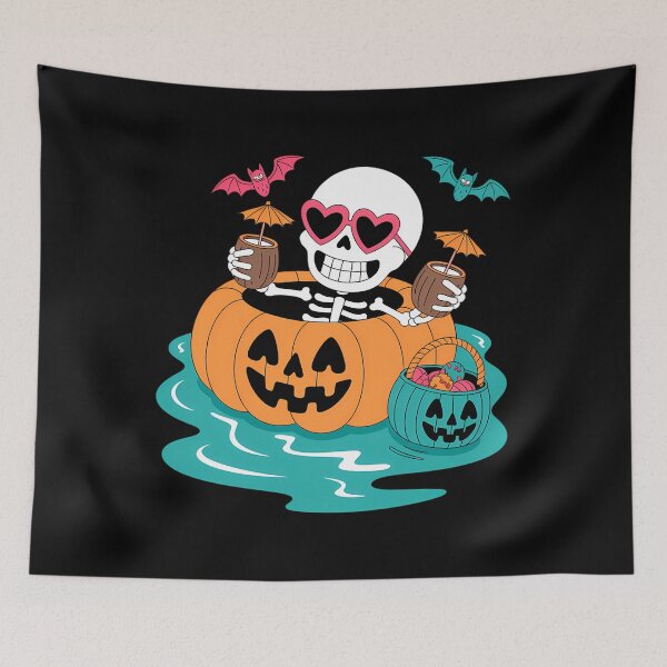 Item preview, Esqueleto de verano en flotador de calabaza, lindo y espeluznante Halloween en la piscina designed and sold by petrichorsworld.