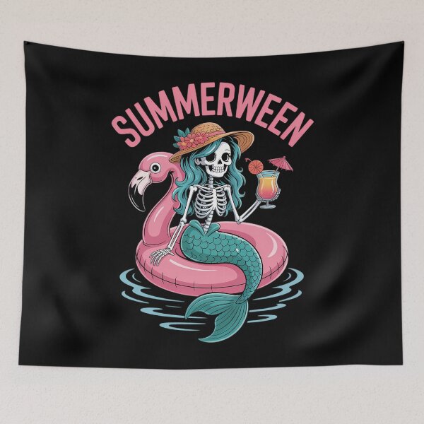 Item preview, Summerween Mermaid Skeleton Beach Flamingo Halloween Girl designed and sold by petrichorsworld.