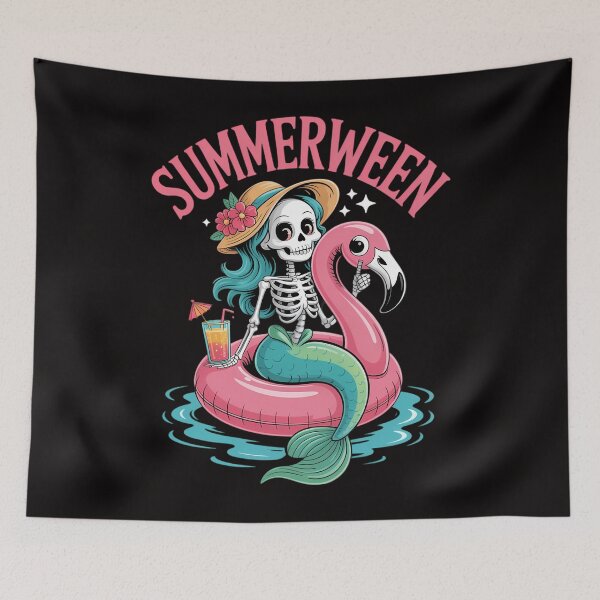 Item preview, Summerween Mermaid Skeleton Beach Flamingo Halloween designed and sold by petrichorsworld.
