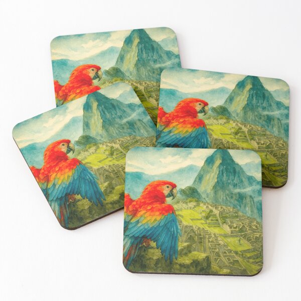 Item preview, watercolor poster style of parrot looking at machu picchu designed and sold by rachelhugh73.