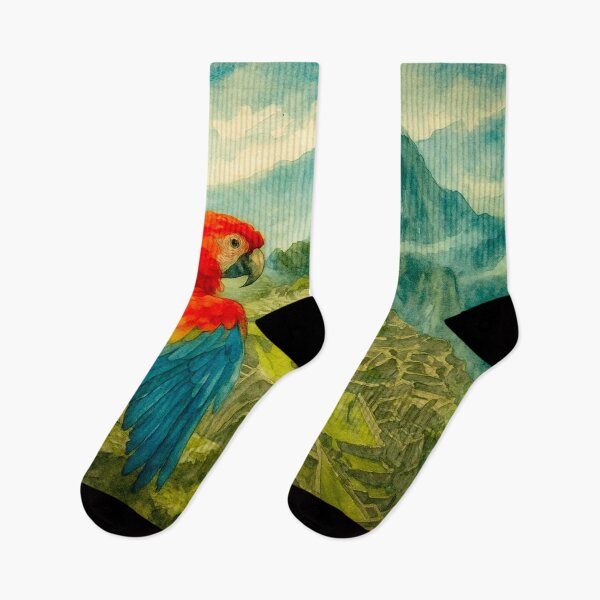 Item preview, watercolor poster style of parrot looking at machu picchu designed and sold by rachelhugh73.