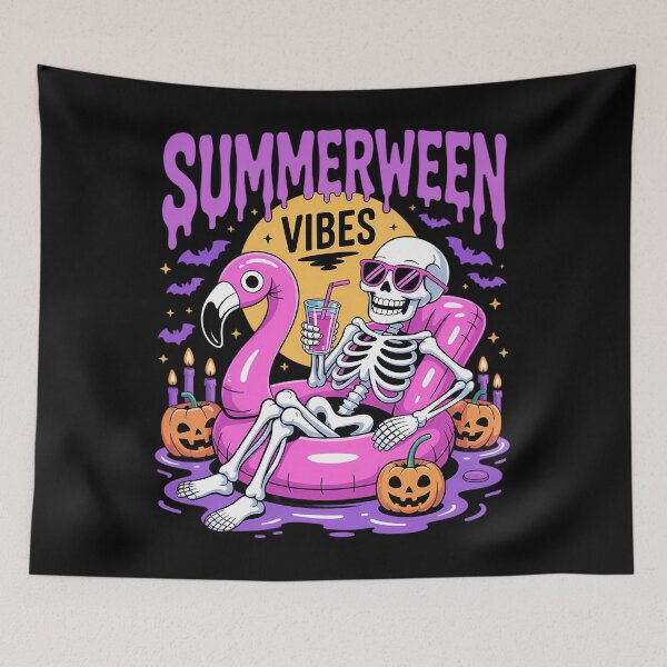 Item preview, Summerween Vibes Spooky Skeleton Flamingo Pool Halloween designed and sold by petrichorsworld.