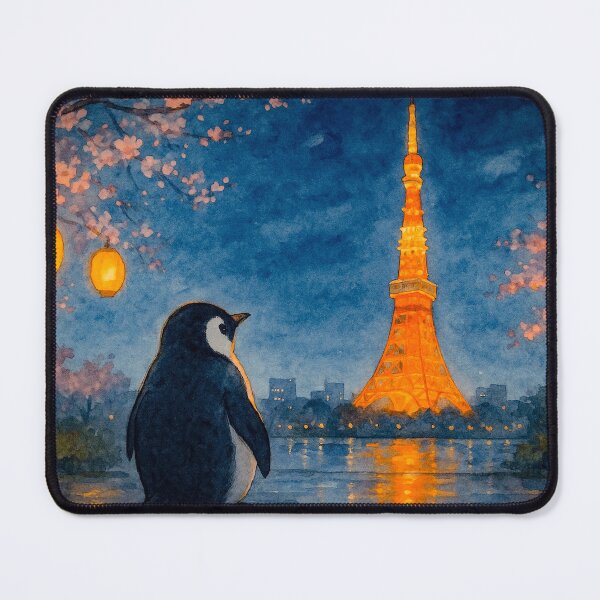 Item preview, watercolor poster style of penguin looking at Tokyo Tower at night designed and sold by rachelhugh73.