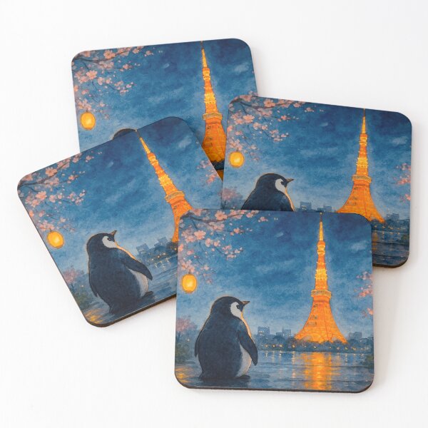 Item preview, watercolor poster style of penguin looking at Tokyo Tower at night designed and sold by rachelhugh73.